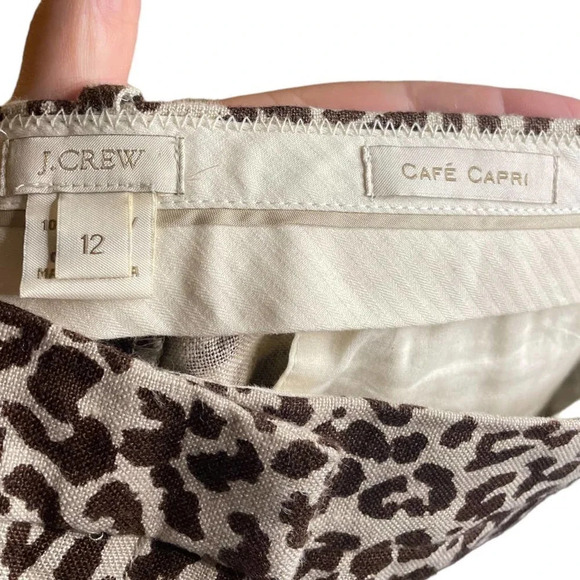 J. Crew Women's Leopard Print Cafe Capri Linen Cuffed Pants Size 12 Slacks - Picture 5 of 8